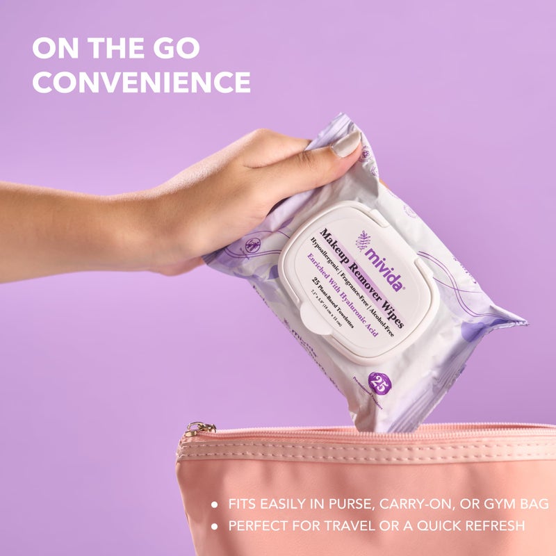 mivida Hypoallergenic Makeup Remover Wipes with Hyaluronic Acid, Alcohol Free & Fragrance Free Makeup Wipes For Sensitive skin, Plant Based Make Up Remover, Travel Friendly 25 Count - Image 5