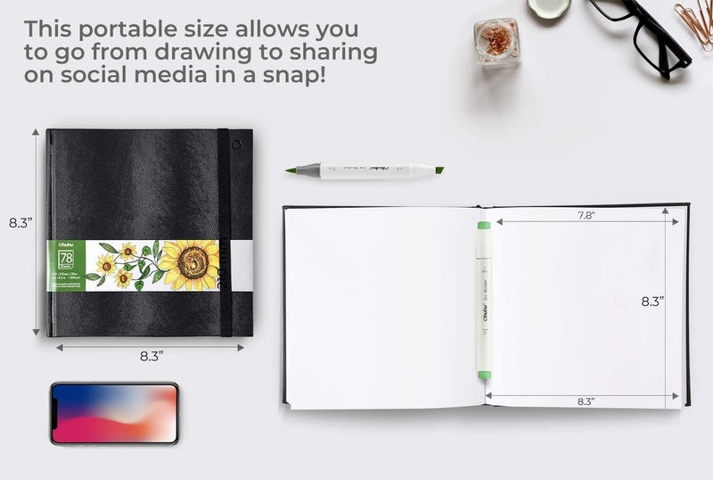 Ohuhu Sketchbook Marker Paper Pad: 8.3"x8.3" Square Art Sketch Book Drawing Papers 78 Sheets/156 Pages 120 lb/200 gsm Hardcover Sketching Books for Alcohol Markers Heavyweight Sketchpad Christmas Gift - Image 5