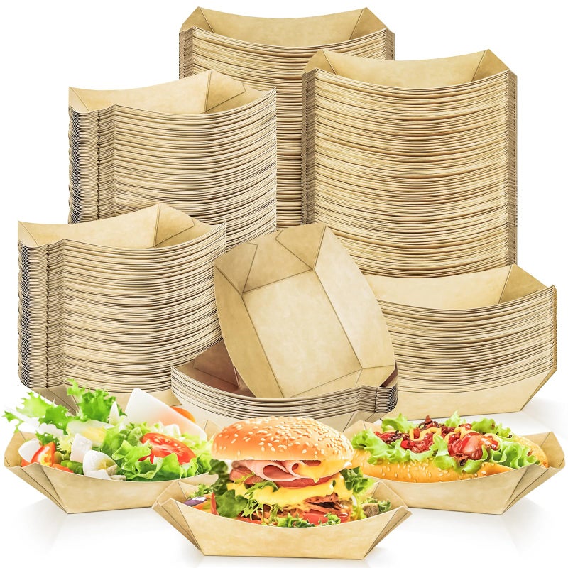 MotBach 200 Pack 2lb Kraft Paper Food Trays Disposable Paper Boats HeavyDuty Food Boats Paper Food Serving Boat Tray Basket for Snacks Popcorns BBQ Sandwich Burgers Hot Dogs Tacos Fries Nachos
