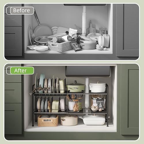 NETEL Adjustable Under Sink Organizers and Storage,Pots and Pans Organizer Under Kitchen Cabinet,Pan Lid Organizers Inside Cabinet,Expandable Cabinet Storage Shelf with Pan Rack and 14 Dividers - Image 5
