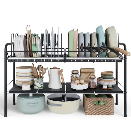 NETEL Adjustable Under Sink Organizers and Storage,Pots and Pans Organizer Under Kitchen Cabinet,Pan Lid Organizers Inside Cabinet,Expandable Cabinet Storage Shelf with Pan Rack and 14 Dividers - Image 1