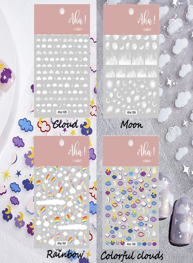 Tuklye 4 Sheets Stars Nail Art Stickers Decals 3D Self-Adhesive White Cloud Rainbow Moon Star AWN DIY Nail Decoration Fashion Charm Manicure Accessories for Women Girls Kids - Image 2