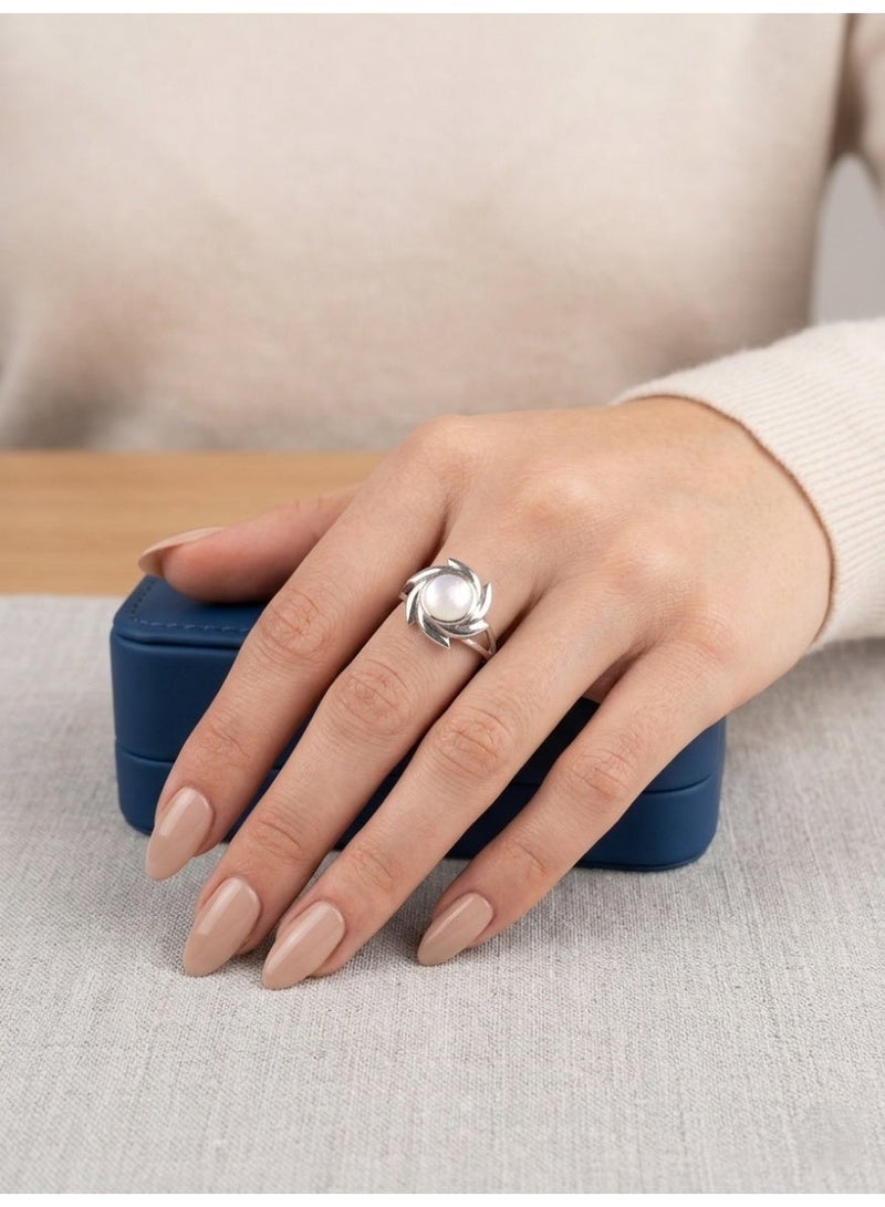 Kanira Premium 925 Sterling Silver Textured Wide Band Ring with Pearl | Vintage Ribbed Statement Ring for Women | KANIRA | Size 6 - Image 1