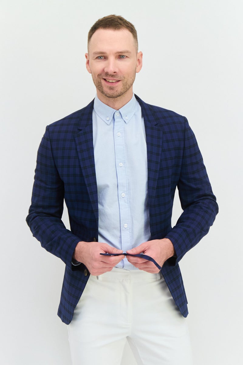 Asos Design Men Skinny Fit Plaid Semi-Formal Blazer, Blue - Image 1