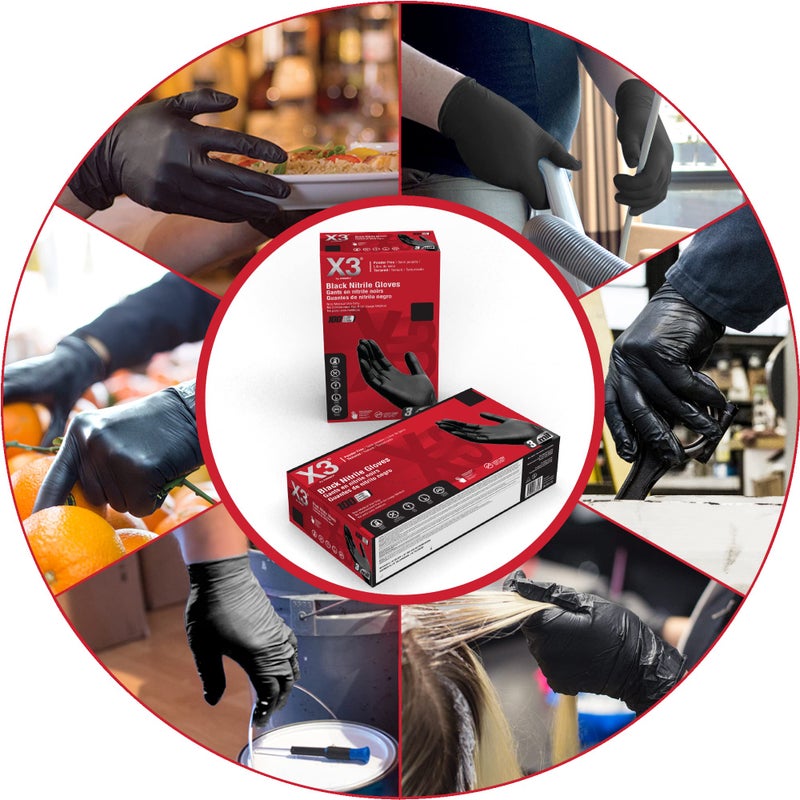 X3 Black Nitrile Disposable Industrial Gloves 3 Mil, Latex/Powder-Free, Food-Safe, Non-Sterile, Textured, Medium, Box of 100 - Image 3