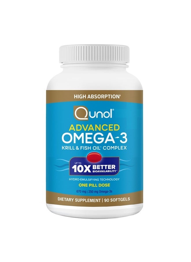 Qunol - Advanced Omega 3 Krill and Fish Oil Complex, 10x Better Bioavailability, One Pill Dose, 250mg EPA & DHA, Supports Brain, Eye, Heart and Joint Health, 90 Count (Pack of 1) - Image 1