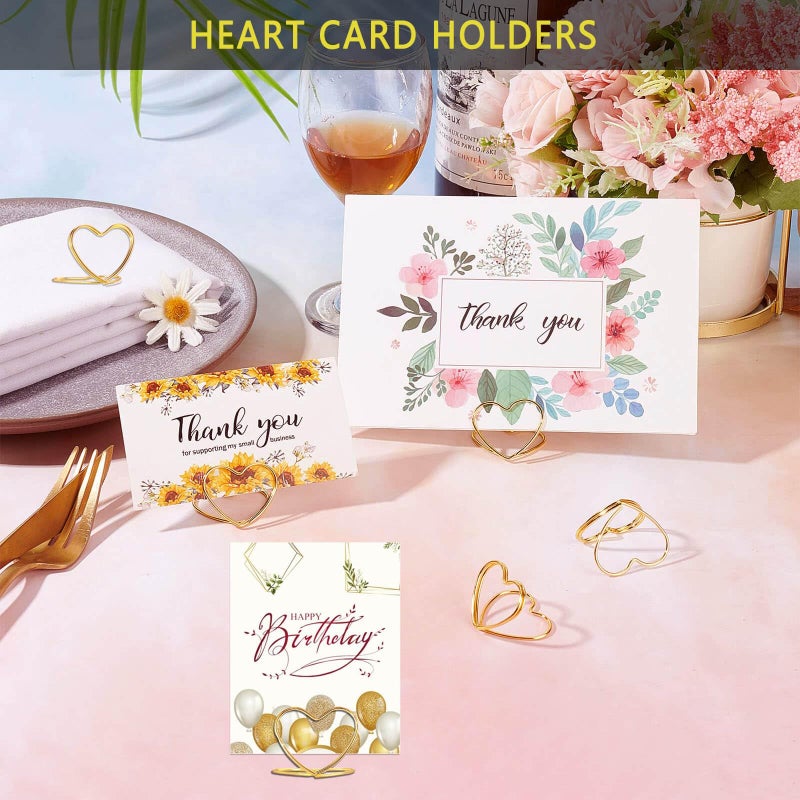 CUNGLIN Gold Table Number Place Card Holders 32 PCS, Small Heart Shape Card Stand Business Card Card Holders for Wedding Mini Photo Playing Cards Holder Picture Photo Menu Memo Christmas Card Clips - Image 3