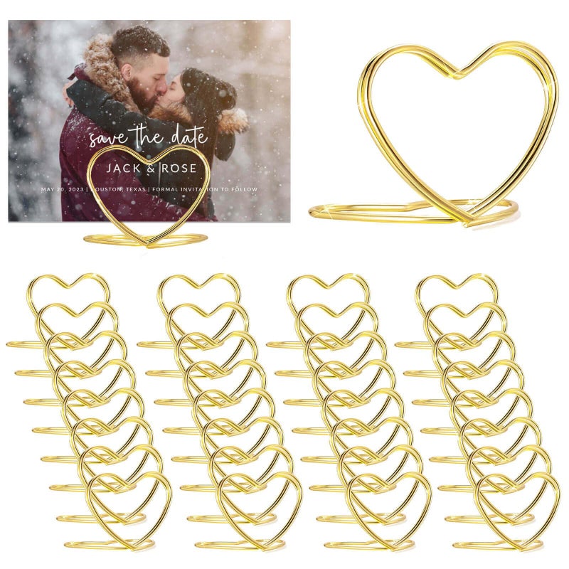 CUNGLIN Gold Table Number Place Card Holders 32 PCS, Small Heart Shape Card Stand Business Card Card Holders for Wedding Mini Photo Playing Cards Holder Picture Photo Menu Memo Christmas Card Clips - Image 1