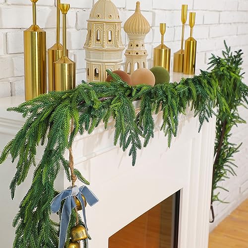 Jutom 1 Pcs 9 Feet Christmas Norfolk Pine Garland Realistic Artificial Faux Greenery Cedar Garland for Mantle Holiday Indoor Outdoor Fireplace Winter Christmas Decorations