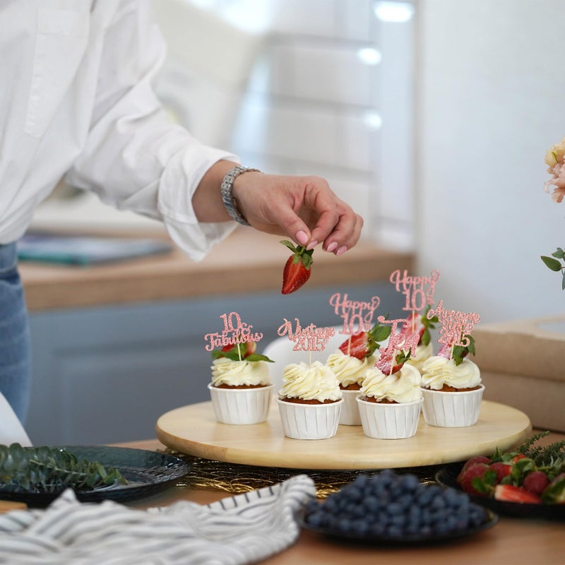 Ephlyn 30Pcs Vintage 2015 Cupcake Toppers Glitter Ten 10 Fabulous Happy 10th Birthday Cupcake Picks Cheers to 10 Years for 10th Birthday Anniversary Party Cake Decorations Supplies Rose Gold - Image 5