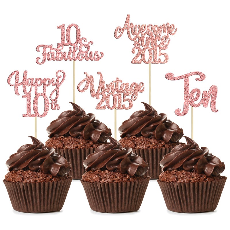 Ephlyn 30Pcs Vintage 2015 Cupcake Toppers Glitter Ten 10 Fabulous Happy 10th Birthday Cupcake Picks Cheers to 10 Years for 10th Birthday Anniversary Party Cake Decorations Supplies Rose Gold - Image 1