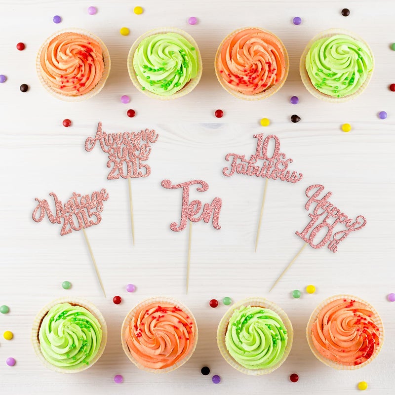 Ephlyn 30Pcs Vintage 2015 Cupcake Toppers Glitter Ten 10 Fabulous Happy 10th Birthday Cupcake Picks Cheers to 10 Years for 10th Birthday Anniversary Party Cake Decorations Supplies Rose Gold - Image 3