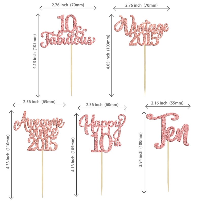 Ephlyn 30Pcs Vintage 2015 Cupcake Toppers Glitter Ten 10 Fabulous Happy 10th Birthday Cupcake Picks Cheers to 10 Years for 10th Birthday Anniversary Party Cake Decorations Supplies Rose Gold - Image 2