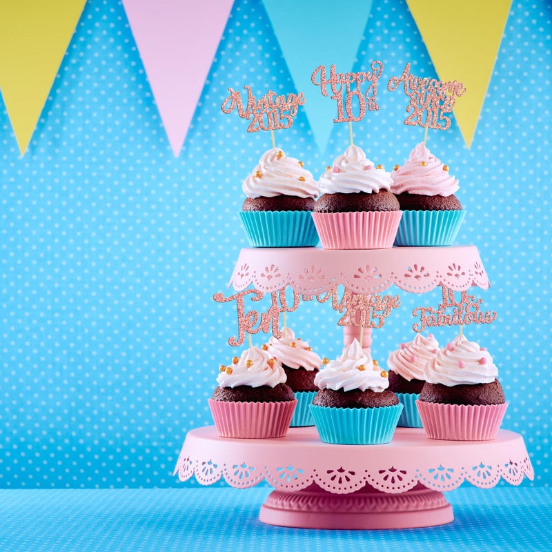 Ephlyn 30Pcs Vintage 2015 Cupcake Toppers Glitter Ten 10 Fabulous Happy 10th Birthday Cupcake Picks Cheers to 10 Years for 10th Birthday Anniversary Party Cake Decorations Supplies Rose Gold - Image 4