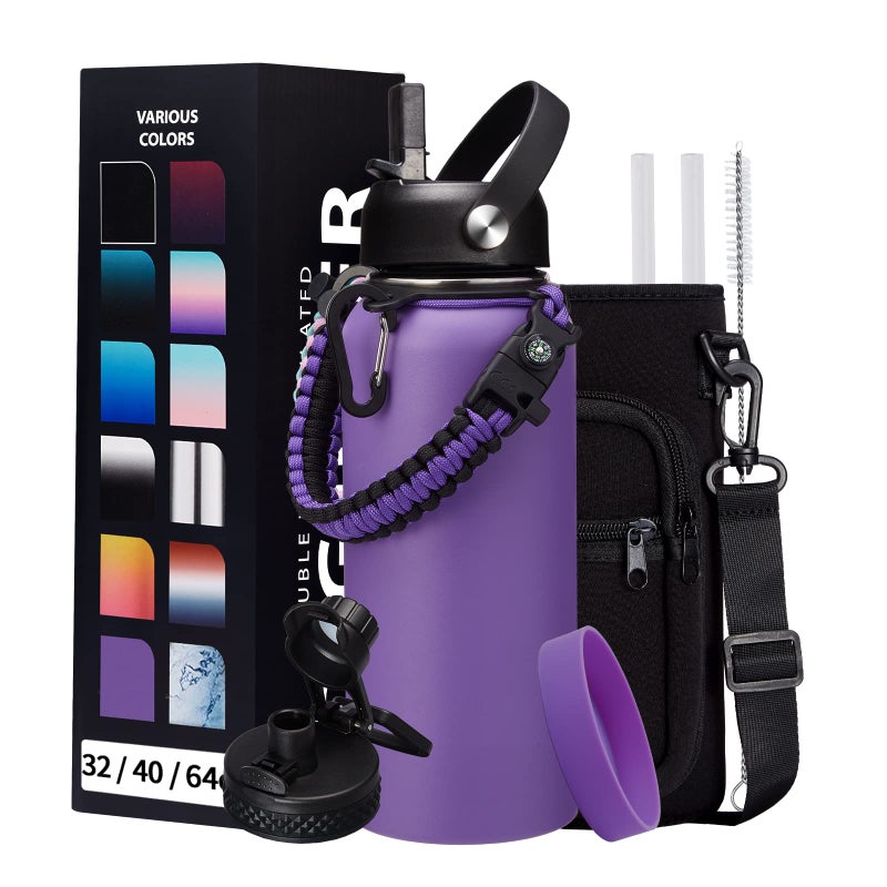 32 oz Water Bottles with Straw & Spout Lid  Paracord Handle & Strap  Double Wall Insulated Flask Water Bottle  Reusable Wide Mouth Gym Water Bottles for Women and Men for Outdoor Fitness Sports