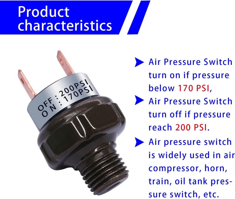mankk Air Pressure Switch 170-200 PSI Thread 1/4" NPT 24V 12V DC Air Compressor Pressure Switch for Air Horn Train 170-200-1/4" NPT-BK - Image 4