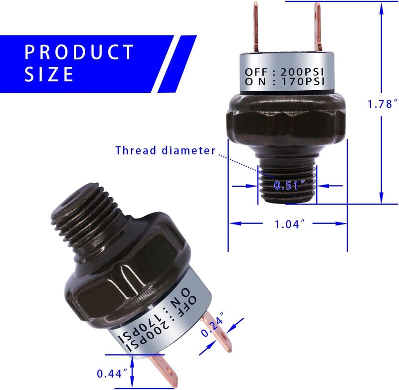 mankk Air Pressure Switch 170-200 PSI Thread 1/4" NPT 24V 12V DC Air Compressor Pressure Switch for Air Horn Train 170-200-1/4" NPT-BK - Image 3