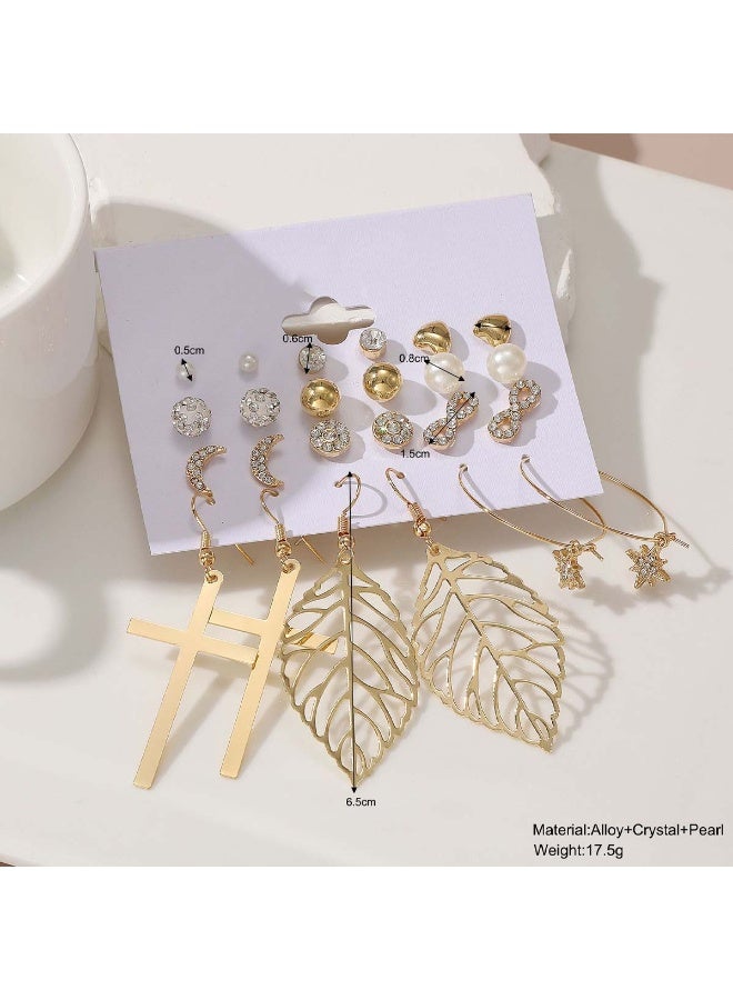 Huitich 12-Piece Gold Colour Fashion Earring Set with Crystal & Pearl Mixed Styles (Size: 0.5cm–6.5cm) - Image 2