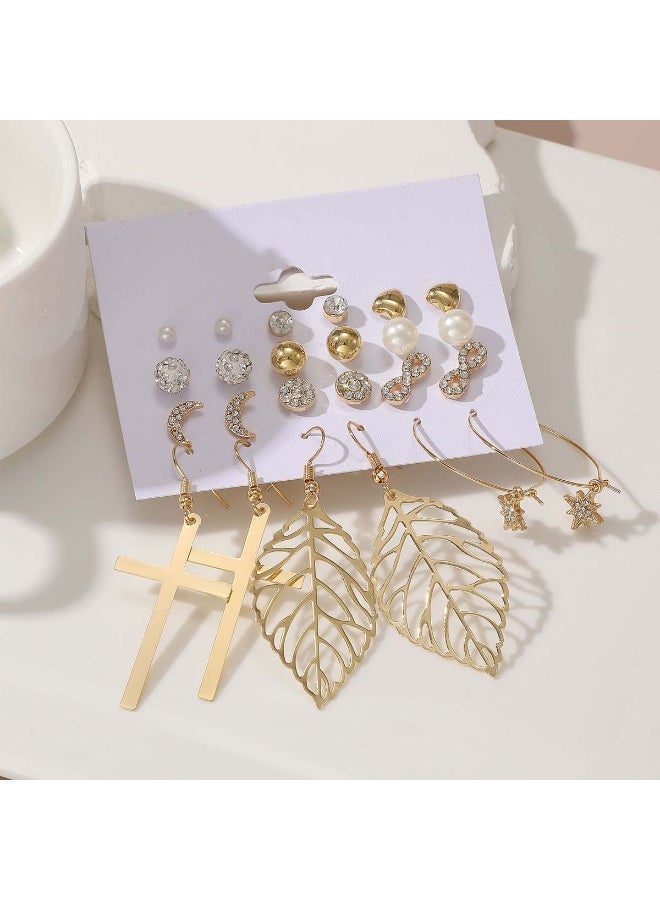Huitich 12-Piece Gold Colour Fashion Earring Set with Crystal & Pearl Mixed Styles (Size: 0.5cm–6.5cm) - Image 3