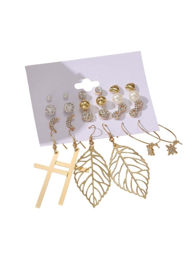 Huitich 12-Piece Gold Colour Fashion Earring Set with Crystal & Pearl Mixed Styles (Size: 0.5cm–6.5cm) - Image 1