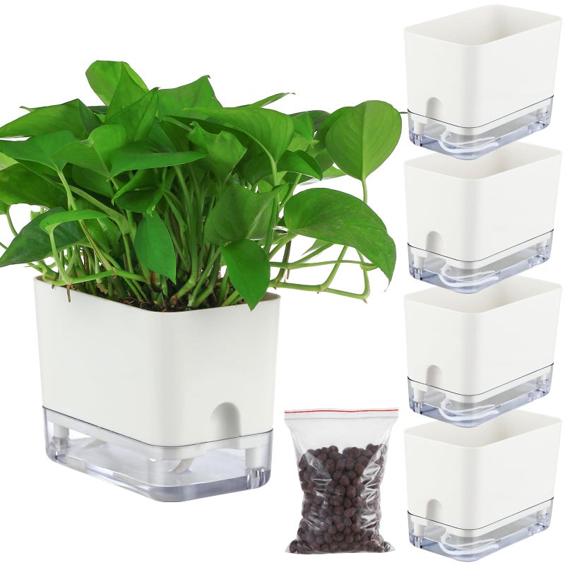 Planterhoma Self Watering Plant Pots for Indoor Plants 7 inch 4 Packs Rectangle SelfWatering Planters with Drainage Hole White African Violet Pots for Devils Ivy Spider Plant Orchid Herb