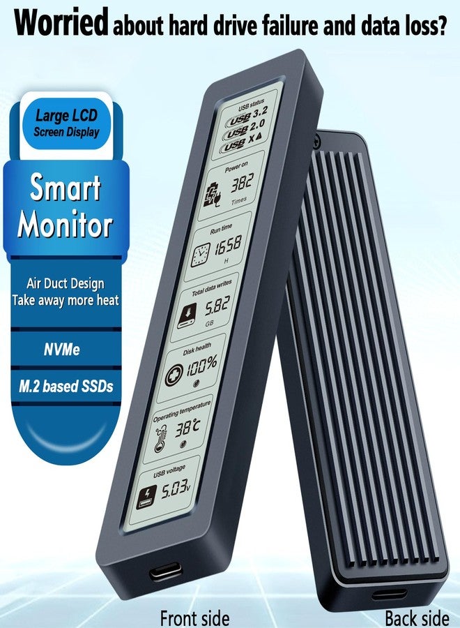 VJK Smart M.2 NVMe SSD Enclosure, Large LCD, intelligent detection, Prevents Write Data Loss, USB 3.2, Type-C (10 Gbps), fits NVMe PCIe Size 2230/2242/2260/2280, Support M-Key B+M Key (up to 4TB) - Image 2