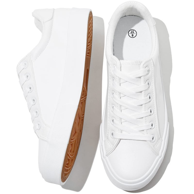 SERNIAL Women's White Tennis Shoes PU Leather Sneakers Casual Walking Shoes for Women(White,US9) - Image 1