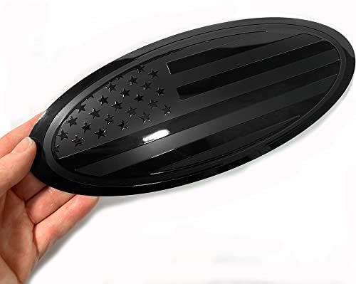 eVerHITCH 9.5" Front Grille Tailgate Rear Aluminum Overlay American Black Flag Oval Emblem for F150 (9.5", Black) - Image 1