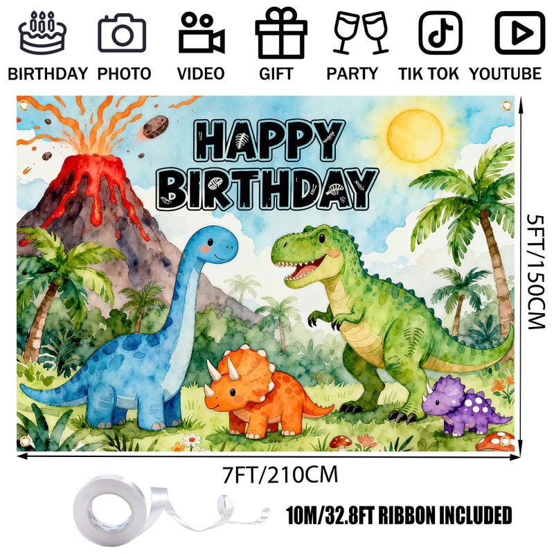 Gaofly Dinosaur Birthday Backdrop 7x5FT â€“ Happy Birthday Dino Banner with Ribbon & Grommets, Vibrant Green Jungle Dinosaur Photography Background for Kids Boy Girl Birthday Party Decor - Image 2