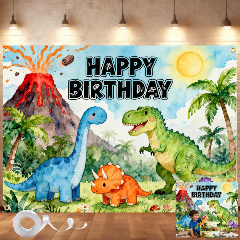 Gaofly Dinosaur Birthday Backdrop 7x5FT â€“ Happy Birthday Dino Banner with Ribbon & Grommets, Vibrant Green Jungle Dinosaur Photography Background for Kids Boy Girl Birthday Party Decor - Image 1