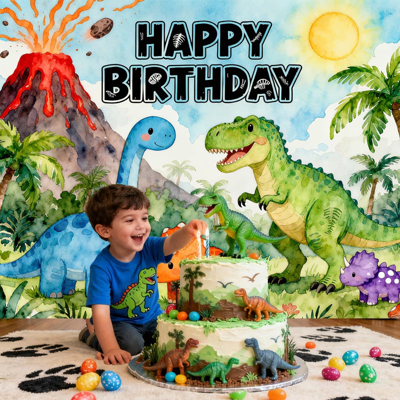 Gaofly Dinosaur Birthday Backdrop 7x5FT â€“ Happy Birthday Dino Banner with Ribbon & Grommets, Vibrant Green Jungle Dinosaur Photography Background for Kids Boy Girl Birthday Party Decor - Image 5
