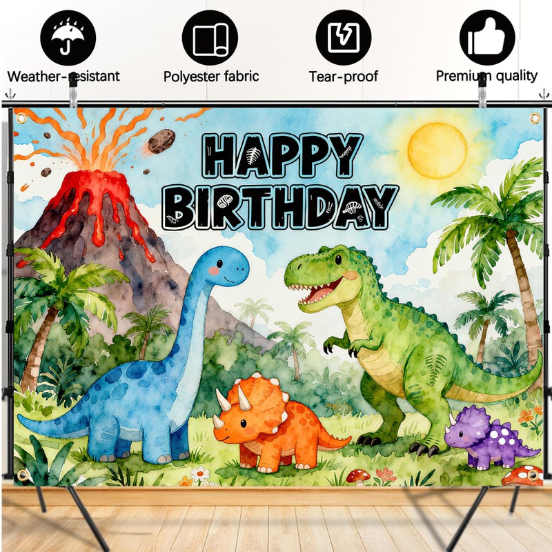 Gaofly Dinosaur Birthday Backdrop 7x5FT â€“ Happy Birthday Dino Banner with Ribbon & Grommets, Vibrant Green Jungle Dinosaur Photography Background for Kids Boy Girl Birthday Party Decor - Image 4