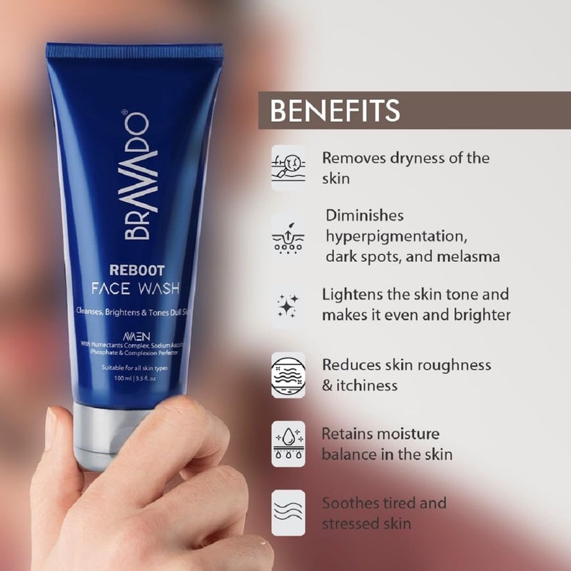 BRAVADO Reboot Face Wash  Hydrating Cleanser for All Skin Types  Brightens  Evens Skin Tone  Reduces Dark Spots  Roughness  Soothes  Refreshes  Perfect for AcneProne Skin  100ml - Image 4