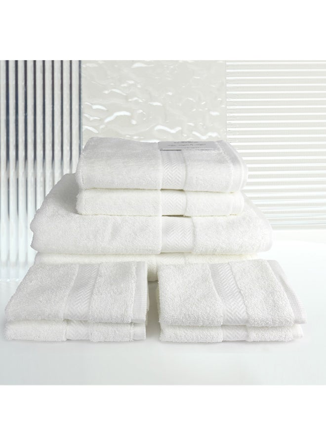 White Rose 8 Pcs WHITE ROSE WHITE Towel set 530 GSM 100% Cotton Terry Zic Zac Border 2 Bath Towel (70x140) cm, 2 Hand Towel (50x100) cm, & 4 Face Towel (33x33) cm Soft Feel Highly Absorbent White Color  - Image 1