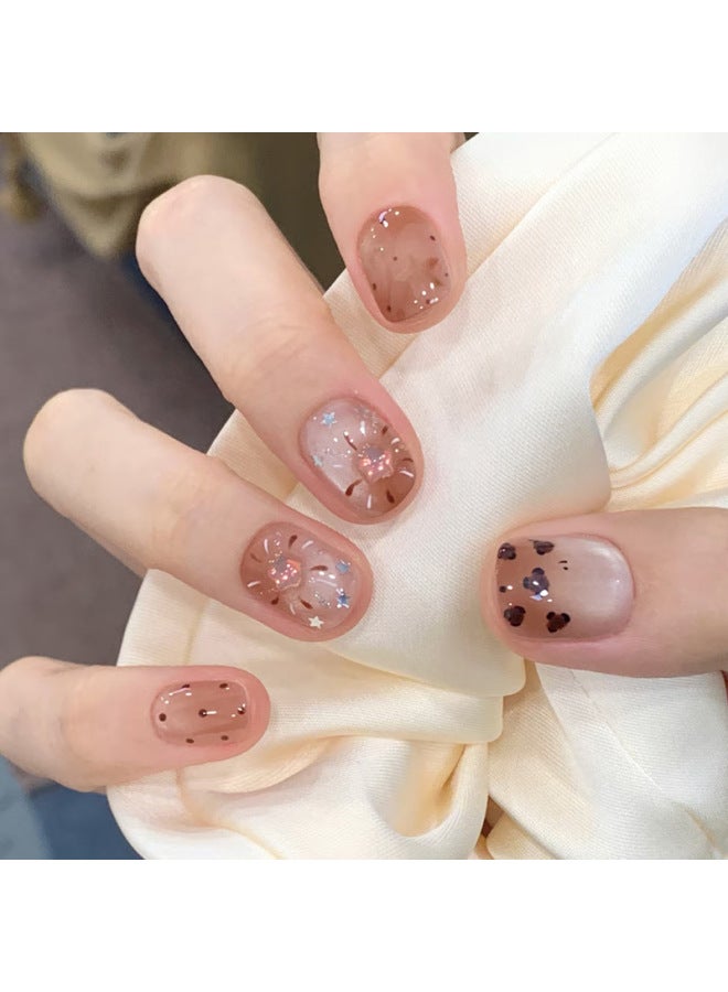 High-end Amber Brown Cat-eye Gradient Short Nails For New Year, Pre-made Fake Nails, 30-piece Nail Stickers