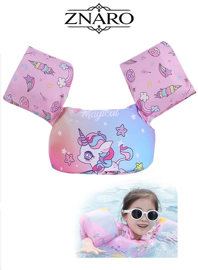 ZNARO 1 Piece Baby Pool Float Fits 30-55 Lbs, Kids Swimming Float with Arm Water Wings, Fun Ride-On Raft Pool Baby Beach Supplies for 2-6 Years Old Boy Girl (Pink Unicorn) - Image 1