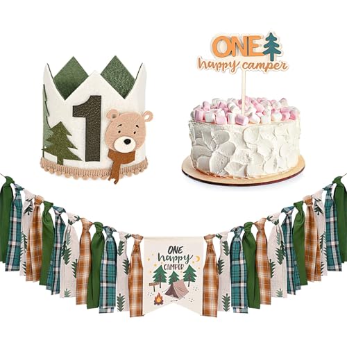 Sanixin One Happy Camper Highchair Banner Adventure Camping Theme 1st Birthday Banner Crown Cake Topper Highchair Photo Prop for Camp Birthday Party Decorations Camp - Image 1