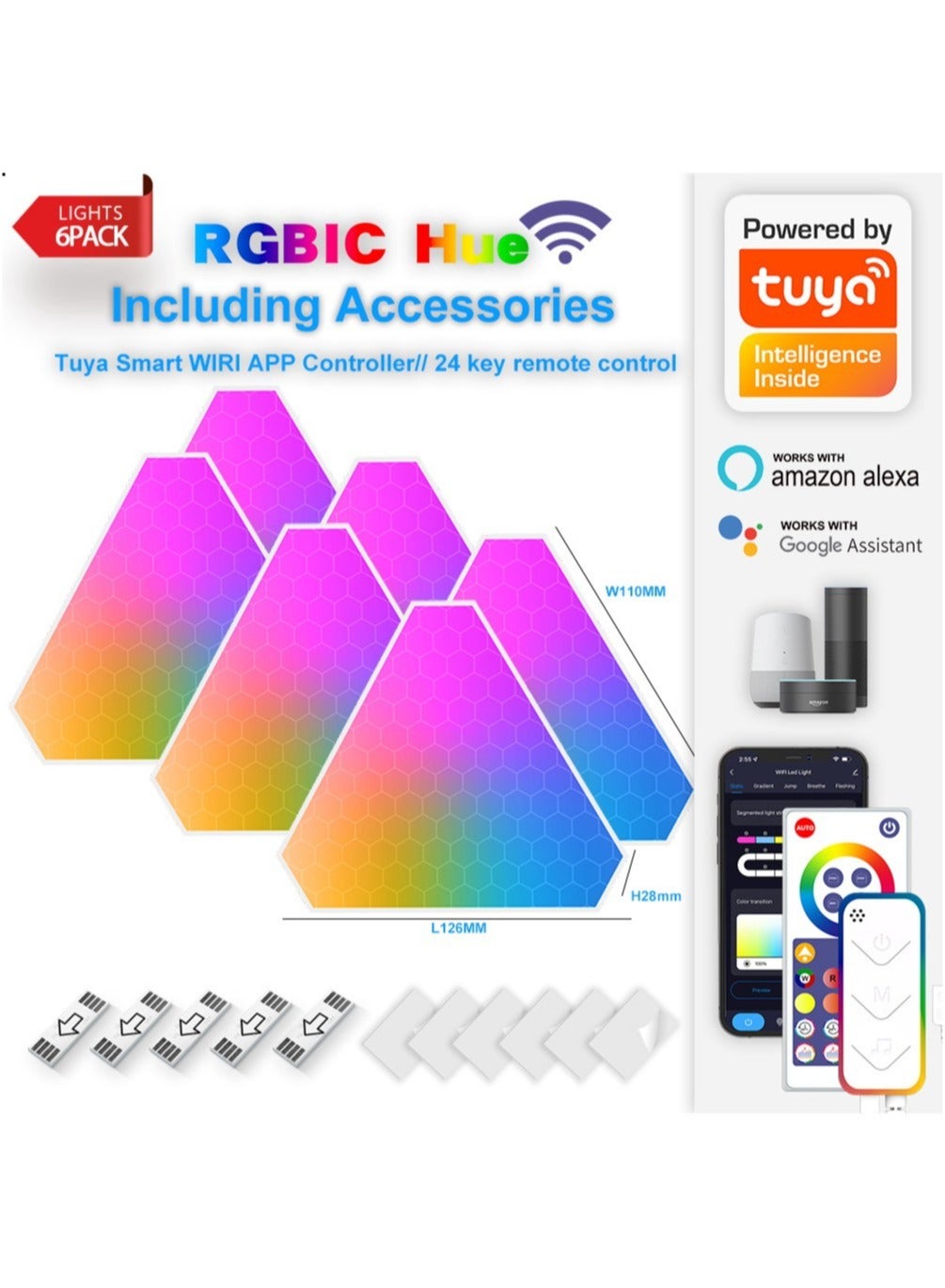 RGB LED Wall Light Panel, Wi-Fi Smart Home Decoration Creative Light with Music Sync, Compatible with Alexa Google Assistant, for Game Room, Party Decoration, Indoor Home Decoration (6 Pack)