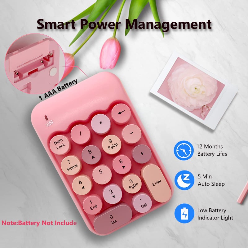 Seaciyan Wireless Number Pad, Ergonomic Cute Colorful Retro Mini Portable Numeric Keypad, Seaciyan 2.4G Cordless External Keyboard for Computer, Laptop (Pink) - Image 4