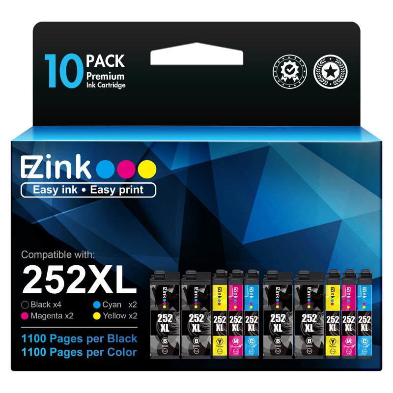 E-Z Ink إي-زد إنك (خراطيش حبر معاد تصنيعها بديلة لإبسون 252XL 252 XL مجموعة مدمجة للاستخدام مع ووركفورس WF-7110 WF-7710 WF-7720 WF-3640 WF-3620 (4 أسود كبير، 2 سماوي، 2 أرجواني، 2 أصفر) 10 عبوة) - Image 1