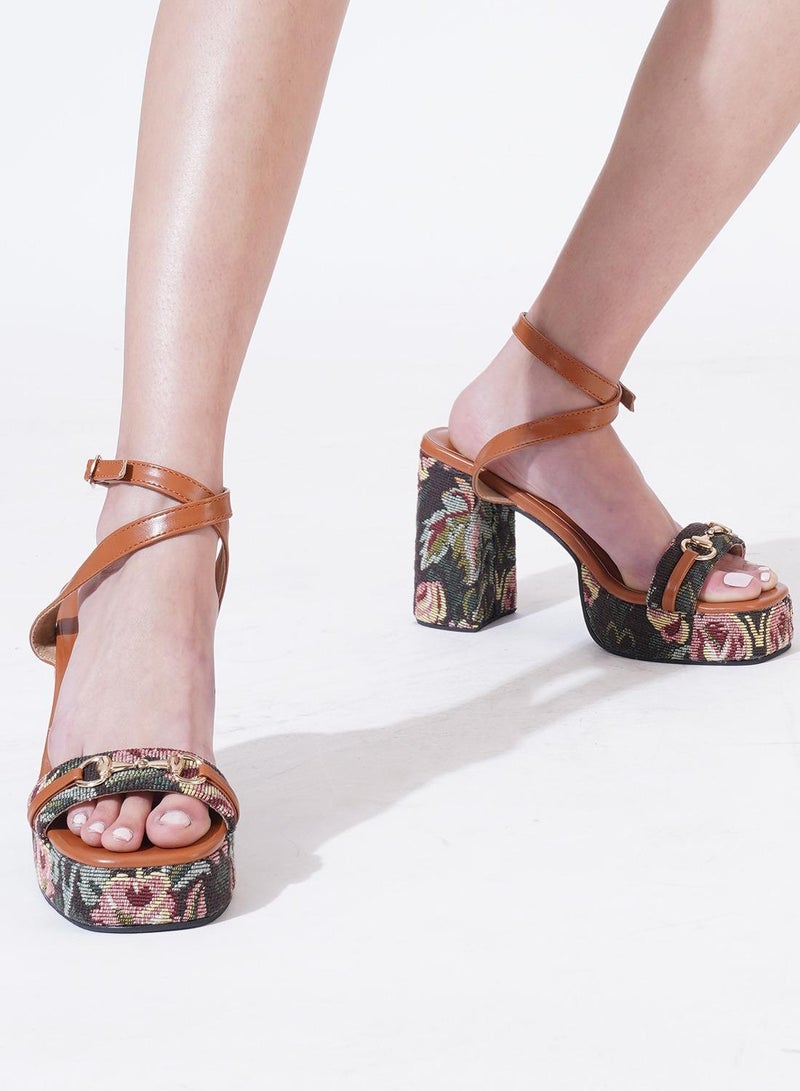 Sole House Sole House Flora Heels: Jacquard Floral Tapestry Block Heels with Vegan Leather Straps - perfect for parties, celebrations & special occasions.  - Image 2