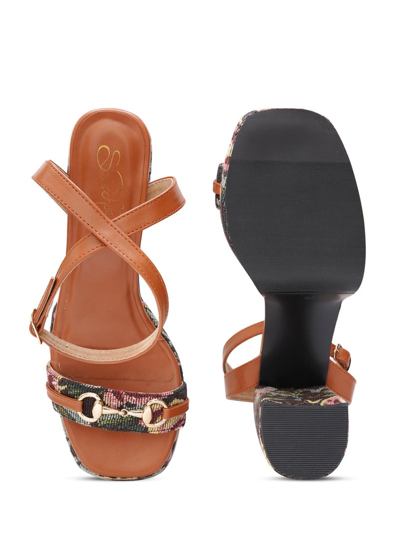 Sole House Sole House Flora Heels: Jacquard Floral Tapestry Block Heels with Vegan Leather Straps - perfect for parties, celebrations & special occasions.  - Image 5