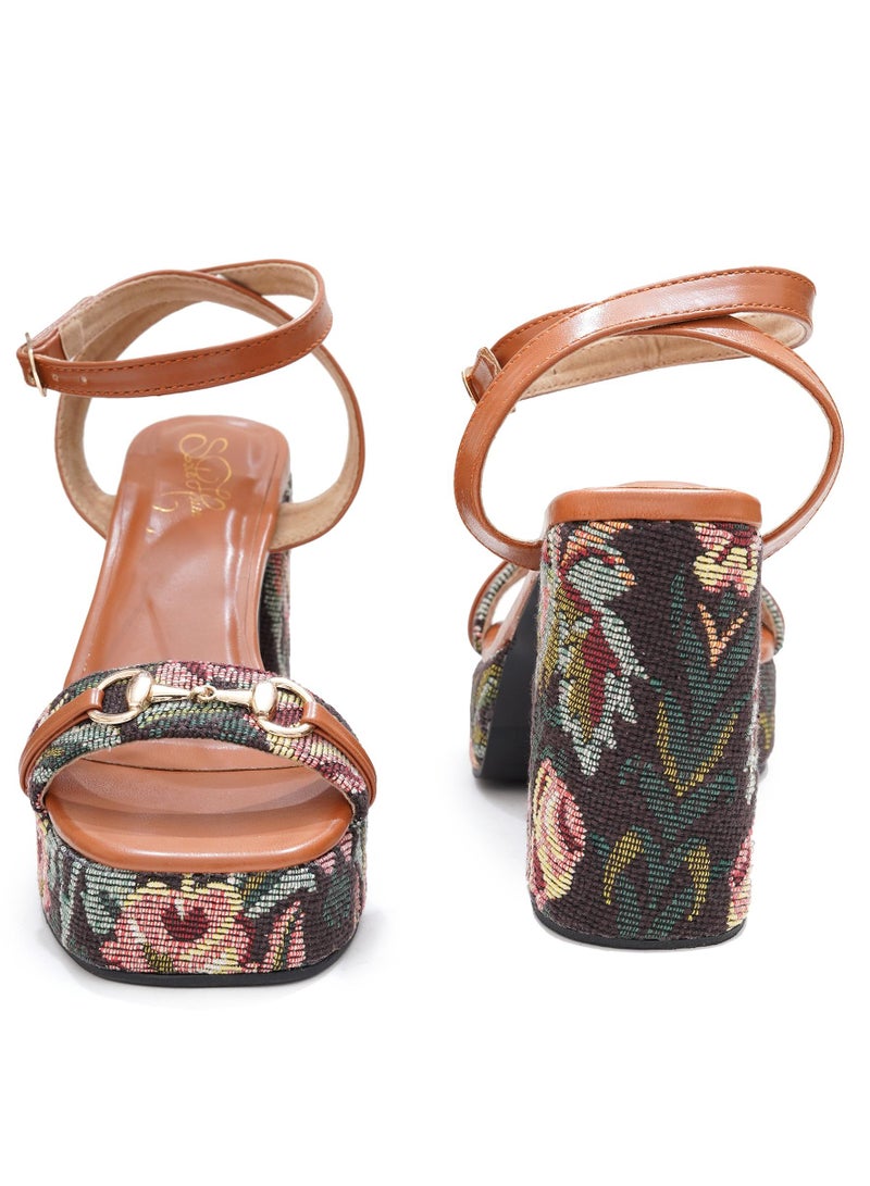 Sole House Sole House Flora Heels: Jacquard Floral Tapestry Block Heels with Vegan Leather Straps - perfect for parties, celebrations & special occasions.  - Image 3