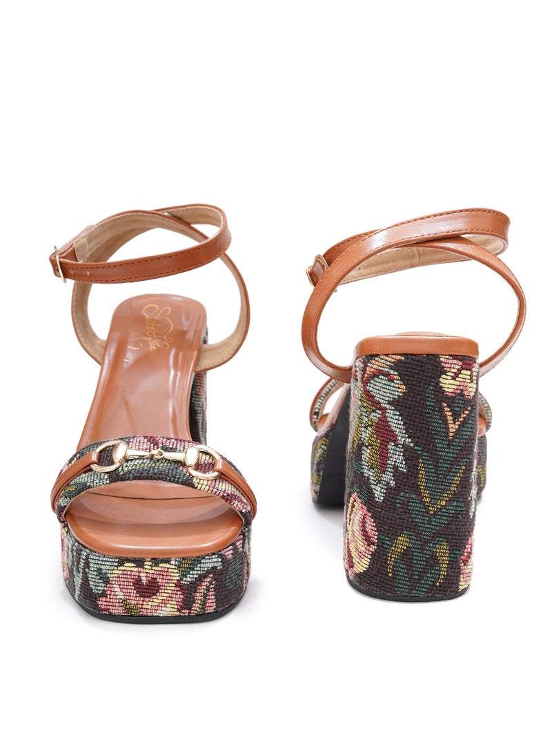 Sole House Sole House Flora Heels: Jacquard Floral Tapestry Block Heels with Vegan Leather Straps - perfect for parties, celebrations & special occasions.  - Image 1