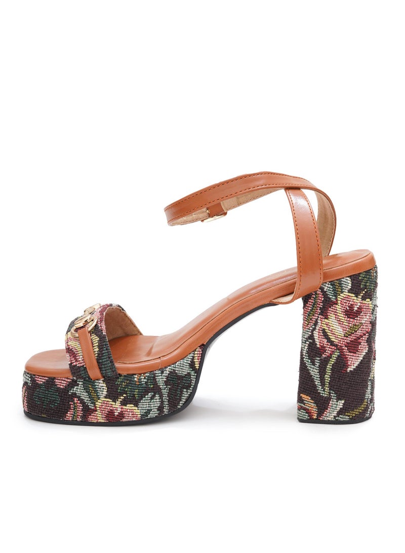 Sole House Sole House Flora Heels: Jacquard Floral Tapestry Block Heels with Vegan Leather Straps - perfect for parties, celebrations & special occasions.  - Image 4