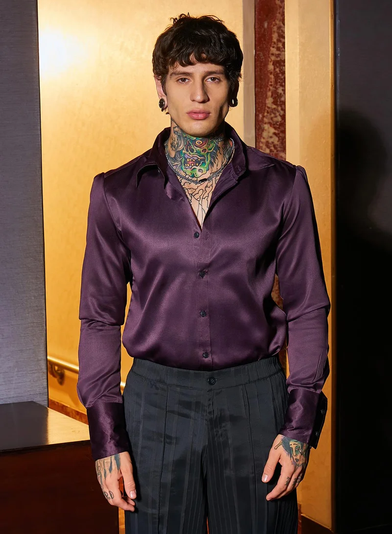 كامبوس سوترا Men's Grape Purple Solid Satin Shirt