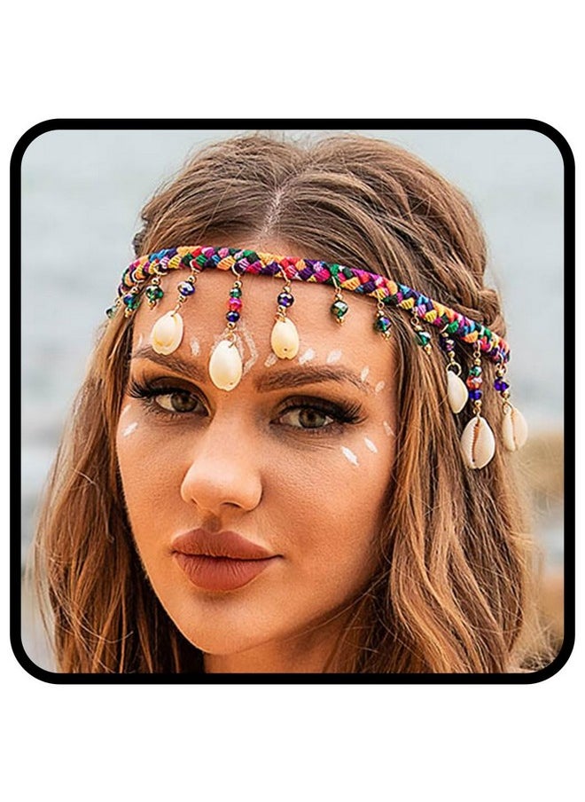 Kisshine - Kisshine Shell Boho Head Chain Colorful Braided Headband Beach Beaded Tassel Hair Chains Festival Headpiece for Women and Girls - Image 1