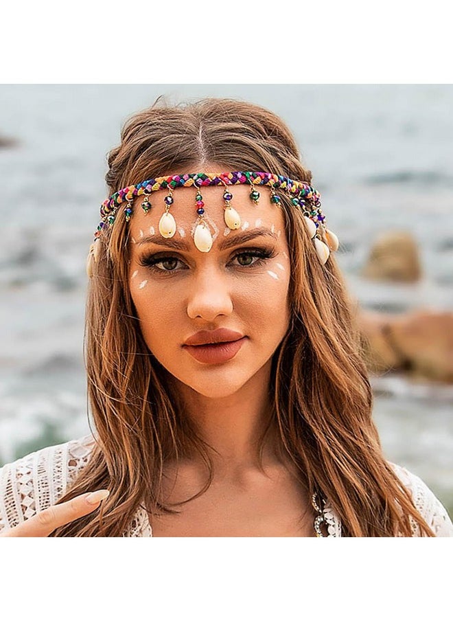 Kisshine - Kisshine Shell Boho Head Chain Colorful Braided Headband Beach Beaded Tassel Hair Chains Festival Headpiece for Women and Girls - Image 1