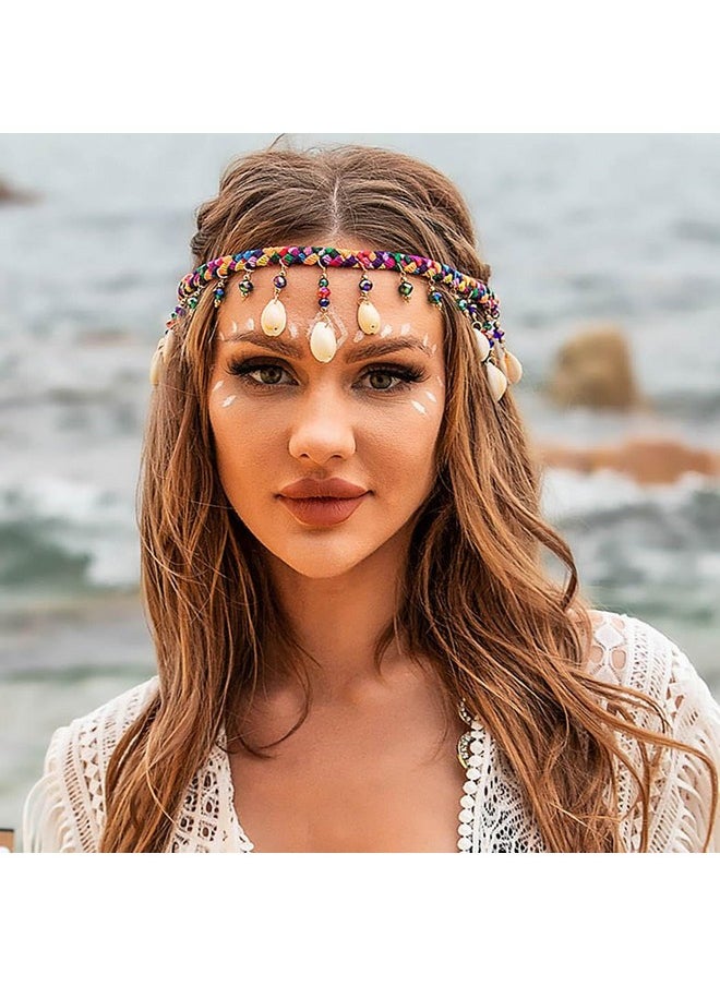 Kisshine - Kisshine Shell Boho Head Chain Colorful Braided Headband Beach Beaded Tassel Hair Chains Festival Headpiece for Women and Girls - Image 1