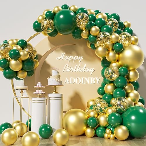 ADOINBY Green and Gold Balloon Arch Kit ADOINBY 140Pcs Metallic Gold Balloon Emerald Forest Hunter Dark Green Balloon 18 12 10 5 Inch Different Size Balloons for Birthday Anniversary Jungle Party Decorations - Image 1